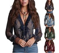 XKrmp Women's Vintage Half-Zip Ruffle Blouse, Non-Sheer Chiffon Long Sleeve V-Neck Top, Victorian Shirt (Navy Blue,3XL)