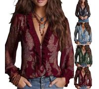 XKrmp Women's Vintage Half-Zip Ruffle Blouse, Non-Sheer Chiffon Long Sleeve V-Neck Top, Victorian Shirt (Burgundy,M)