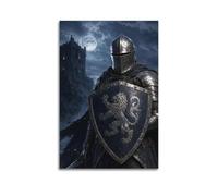 XKUGA Póster de escudo gótico, caballero medieval, torre de vigilancia, armadura de león, impresión moderna en lienzo decorativo, arte de pared ideal para familia, cueva de hombre, sala de juegos