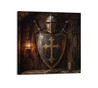 XKUGA Póster rústico de caballero medieval con escudo de casco de pub, alivio de la orden, impresiones decorativas modernas, arte de pared ideal para familia, cueva de hombre, sala de juegos