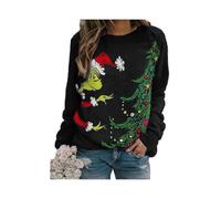 (XL,Black)Women The Grinch Printed Sweatshirt Crew Neck Christmas Casual Loose Pullover Jumper Tops