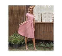 (XL-Rosa) Elegante vestido de verano: Vestido midi plisado de lunares de alta calidad con mangas cortas