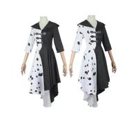 (XL,Style 1)Movie 101 Dalmatians Black And White Witch Kuira Deville Dress Gloves Shawl Halloween Cosplay Costume Set -c
