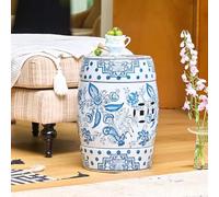 XL Superb Taburete Tambor esmaltado y Pintado a Mano, Taburete de jardín Azul y Blanco, Puede Servir como Mesa Auxiliar, no Requiere Montaje, para salón, Dormitorio, balcón, Patio 32x32x45cm