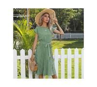 (XL-Verde Menta) Elegante Vestido de Verano: Vestido Midi Plisado de Lunares de Alta Calidad con Mangas