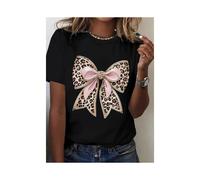 (XL)Women's Round-neck Four Seasons Comfortable Casual T-shirt with Leopard Print Bowknot Pattern
