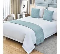 XLDZ Camino de cama de punto suave y agradable al tacto y almohadas a juego con patrón de diamantes, manta para cama de hotel y decoración versátil del hogar (azul aguamarina, 260 x 60 cm para cama de
