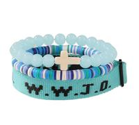 XLDZR Conjunto de pulseras de fe ¿Qué haría Jesús?, pulseras de cuentas con cruz cristiana, pulsera elástica ajustable con cuentas de piedra natural y disco de vinilo Heishi de arcilla.(Blue)