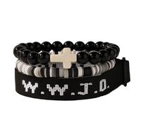 XLDZR Conjunto de pulseras de fe ¿Qué haría Jesús?, pulseras de cuentas con cruz cristiana, pulsera elástica ajustable con cuentas de piedra natural y disco de vinilo Heishi de arcilla.(Black)