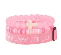XLDZR Conjunto de pulseras de fe ¿Qué haría Jesús?, pulseras de cuentas con cruz cristiana, pulsera elástica ajustable con cuentas de piedra natural y disco de vinilo Heishi de arcilla.(Pink)