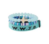 XLDZR WWJD - Juego de pulseras de fe ¿Qué haría Jesús?, ajustable, con discos de vinilo de arcilla heishi y cuentas de piedra natural, regalo de joyería religiosa for mujeres y hombres.(Blue)