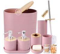XLHOMO Juego de baño rosa, juego de accesorios de baño rosa con cubo de basura, 2 dispensadores de jabón, jabonera, soporte para cepillo de dientes, taza para cepillo de dientes, cepillo de inodoro,