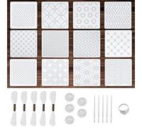 XLIUAX Kit de 28 plantillas de plástico Sashiko, patrón de plantilla de 4.7 x 4.7 pulgadas, bordado geométrico con dedal Sashiko y agujas, plantilla de línea de dibujo de hilo para coser a mano