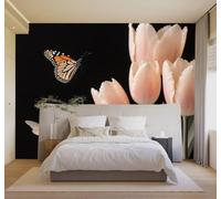 XLMING 3D Papel Pintado Bello Tulipán Rosa Mariposa Flores Elegantes Arte | Cuadros Decorativos de Seda Gama Ideales Para el Estudio la Oficina Comedor Salón Dormitorio Pared Trasera del TV-250cm×170cm