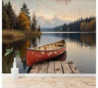 XLMING 3D Papel Pintado Canoa Lago Rural Bosque Otoñal Reflejos Embarcadero