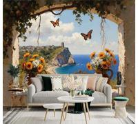 XLMING 3D Papel Pintado Girasoles Jarrón Mariposas Ventana Mar Azul | Seda Texturizada de Premium Ideal Para el Estudio Comedor Salón Dormitorio Cocina Sofá TV y la Decoración Pared-300cm×210cm