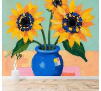 XLMING 3D Papel Pintado Jarrón Azul Girasoles Texturas Arte Pintura | Cuadros Decorativos de Seda Gama Ideales Para el Estudio la Oficina Comedor Salón Dormitorio Pared Trasera del TV-430cm×300cm