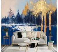 XLMING Abstracto Bello Bosque Azul Y Dorado Reflejo En El Lago Arte 3D Papel Pintado Pared Premium Textura Seda Estudio Comedor Vinilos Dormitorio Sofás TV Cocina-250cm×170cm