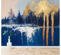 XLMING Abstracto Bello Bosque Azul Y Dorado Reflejo En El Lago Arte 3D Papel Pintado Tapiz Textura de Seda Oficina Comedor Sofá Dormitorio Sala Estar TV Fondo Pantalla-150cm×105cm