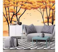 XLMING Abstracto Cimas De Montañas Bosque Pájaros Volando Caballo 3D Papel Pintado Tapiz Textura de Seda Oficina Comedor Sofá Dormitorio Sala Estar TV Fondo Pantalla-150cm×105cm