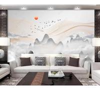 XLMING Abstracto Cimas De Montañas Líneas Pájaros Volando Amanecer 3D Papel Pintado Tapiz Textura de Seda Oficina Comedor Sofá Dormitorio Sala Estar TV Fondo Pantalla-350cm×256cm