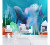 XLMING Abstracto Dibujado A Mano Mundo Marino Ballenas Algas Grafitis 3D Papel Pintado Tapiz Textura de Seda Oficina Comedor Sofá Dormitorio Sala Estar TV Fondo Pantalla-350cm×256cm