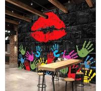 XLMING Abstracto Negro Pared De Ladrillos Colorido Huellas De Labios Mano 3D Papel Pintado Pared Premium Textura Seda Estudio Comedor Vinilos Dormitorio Sofás TV Cocina-350cm×256cm