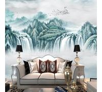 XLMING Abstracto Pintado A Mano Montañas Cascada Barquito Pájaros Volando 3D Papel Pintado Pared Premium Textura Seda Estudio Comedor Vinilos Dormitorio Sofás TV Cocina-150cm×105cm