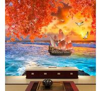 XLMING Acogedor Bonito Mar Velero Rojo Hojas De Arce 3D Papel Pintado Tapiz Textura de Seda Oficina Comedor Sofá Dormitorio Sala Estar TV Fondo Pantalla-200cm×140cm