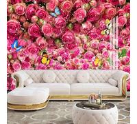 XLMING Acogedor Hermoso Jardín De Rosas Rojas Flores Mariposas Papel Pintado 3D Seda De Lujo Pared Estudio Comedor Sofa Dormitorio Madera Salon Tv Decorativo-150cm×105cm