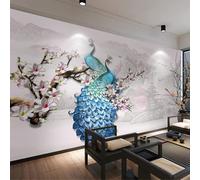 XLMING Acogedor Hermoso Pavo Real En Relieve Alta Montaña Flor Y Pájaro Papel Pintado 3D Seda De Lujo Pared Estudio Comedor Sofa Dormitorio Madera Salon Tv Decorativo-350cm×256cm
