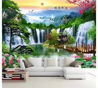 XLMING Agua Que Fluye Puente Dorado Prosperidad Y Fortuna Paisaje Cascada Pino 3D Papel Pintado Tapiz Textura de Seda Oficina Comedor Sofá Dormitorio Sala Estar TV Fondo Pantalla-350cm×256cm