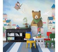 XLMING Animal Oso De Dibujos Animados Casa Pájaro Blanco Papel Pintado 3D Seda De Lujo Pared Estudio Comedor Sofa Dormitorio Madera Salon Tv Decorativo-400cm×280cm