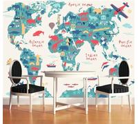 XLMING Animales De Dibujos Animados En Un Mapa Mundial Colorido Avión 3D Papel Pintado Tapiz Textura de Seda Oficina Comedor Sofá Dormitorio Sala Estar TV Fondo Pantalla-300cm×210cm