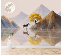 XLMING Árboles Dorados Caballos Montañas Reflejos Luna Llena 3D Papel Pintado Tapiz Textura de Seda Oficina Comedor Sofá Dormitorio Sala Estar TV Fondo Pantalla-150cm×105cm
