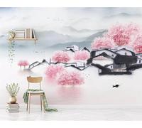 XLMING Arquitectura Antigua Rosa Cálido Paisaje Flor De Melocotón Papel Pintado 3D Seda De Lujo Pared Estudio Comedor Sofa Dormitorio Madera Salon Tv Decorativo-200cm×140cm