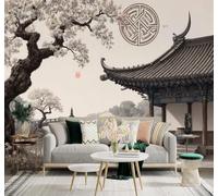 XLMING Arquitectura En Tridimensional Cerezos En Flor A Orillas Del Lago Paisaje 3D Papel Pintado Tapiz Textura de Seda Oficina Comedor Sofá Dormitorio Sala Estar TV Fondo Pantalla-350cm×256cm