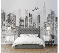 XLMING Arquitectura Urbana Abstracta Dibujada A Mano En Blanco Y Negro Pájaros Volando 3D Papel Pintado Lujo Casa Sala Decoración Estar Comedor Sofá Dormitorio TV Fondo de Pared-300cm×210cm