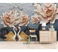 XLMING Arte Floral Rosa En Relieve Con Cisne 3D Papel Pintado Pared Premium Textura Seda Estudio Comedor Vinilos Dormitorio Sofás TV Cocina-200cm×140cm
