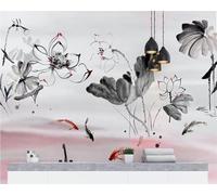 XLMING Arte Pintado A Mano De Tinta De Loto Rojo De Pescado Negro De Pescado 3D Papel Pintado Tapiz Textura de Seda Oficina Comedor Sofá Dormitorio Sala Estar TV Fondo Pantalla-300cm×210cm