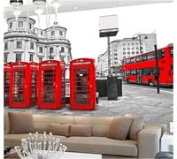 XLMING Autobús Rojo Cabina Telefónica Blanco Y Negro Arquitectura 3D Papel Pintado Tapiz Textura de Seda Oficina Comedor Sofá Dormitorio Sala Estar TV Fondo Pantalla-300cm×210cm