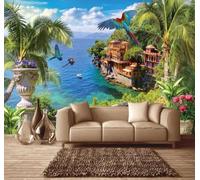 XLMING Azul Costa Cocoteros Flores Pájaros En Vuelo 3D Papel Pintado Pared Premium Textura Seda Estudio Comedor Vinilos Dormitorio Sofás TV Cocina-400cm×280cm
