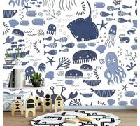 XLMING Azul Dibujos Animados Mundo Submarino Animales Algas Papel Pintado 3D Seda De Lujo Pared Estudio Comedor Sofa Dormitorio Madera Salon Tv Decorativo-250cm×170cm