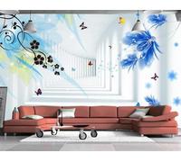 XLMING Azul Flores Mariposas Espacio Extensión 3D Papel Pintado Lujo Casa Sala Decoración Estar Comedor Sofá Dormitorio TV Fondo de Pared-350cm×256cm