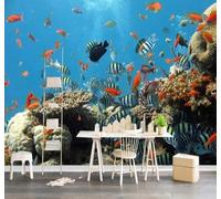 XLMING Azul Mundo Submarino Bancos De Peces Acuario Hotel Papel Pintado 3D Seda De Lujo Pared Estudio Comedor Sofa Dormitorio Madera Salon Tv Decorativo-400cm×280cm