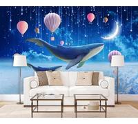 XLMING Azul Onírico Cielo Estrellado Ballena Globo Aerostático Papel Pintado 3D Seda De Lujo Pared Estudio Comedor Sofa Dormitorio Madera Salon Tv Decorativo-200cm×140cm
