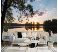 XLMING Barquito Lago Tranquilo Bosque Puesta De Sol Reflejo 3D Papel Pintado Pared Premium Textura Seda Estudio Comedor Vinilos Dormitorio Sofás TV Cocina-430cm×300cm