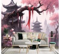 XLMING Belleza Cerezos En Flor Templo Cascada Montaña Entre La Niebla 3D Papel Pintado Pared Premium Textura Seda Estudio Comedor Vinilos Dormitorio Sofás TV Cocina-250cm×170cm