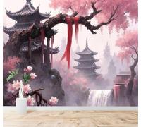 XLMING Belleza Cerezos En Flor Templo Cascada Montaña Entre La Niebla 3D Papel Pintado Tapiz Textura de Seda Oficina Comedor Sofá Dormitorio Sala Estar TV Fondo Pantalla-300cm×210cm