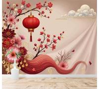 XLMING Belleza Farolillos Rojos Flores De Cerezo Cintas Nubes 3D Papel Pintado Pared Premium Textura Seda Estudio Comedor Vinilos Dormitorio Sofás TV Cocina-150cm×105cm